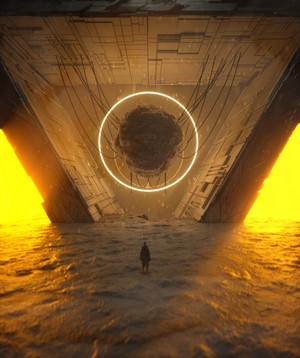Surreal abstract 3D render with glowing portal