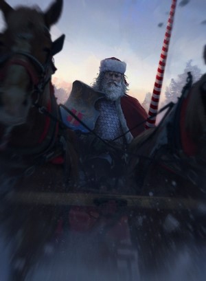 Santa Claus riding a sleigh pulled by horses