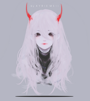 Anime girl with white hair and red horns by Kyrie Meii