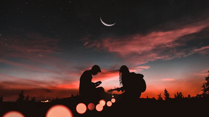 Couple, Playing guitar, Silhouette, Romantic, Half moon, 5K, Sunset