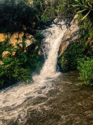 Waterfall cascading over rocks with surrounding greenery