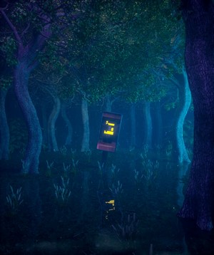 Surreal forest with floating digital display