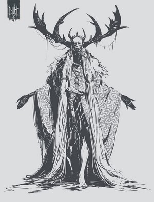 Artwork of a skeletal figure with antlers and ornate robes