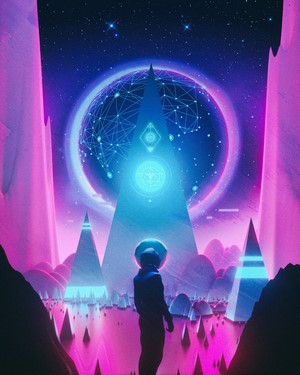 Astronaut in a futuristic alien landscape with a glowing planet