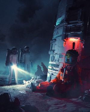 Astronauts in futuristic space suits near a crashed spacecraft