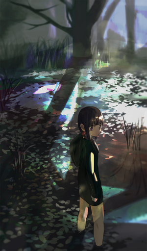 Anime girl in a dark forest with dappled sunlight