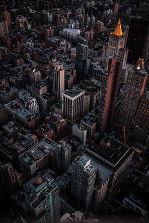 Aerial view of New York City skyscrapers at dusk