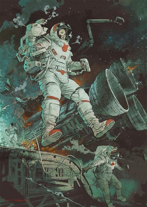 Astronauts in space near a damaged spaceship