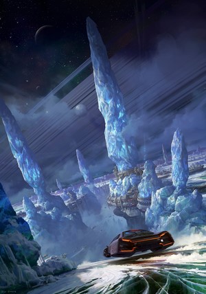 Futuristic car on an alien planet with ice spires