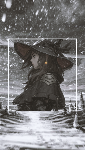 Anime girl with witch hat in snow
