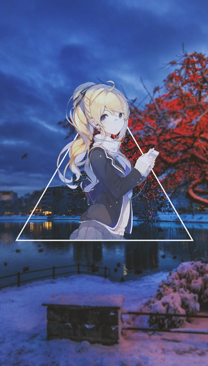 Anime girl in winter landscape with lake