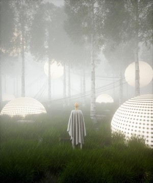 Surreal forest with glowing orbs and a person