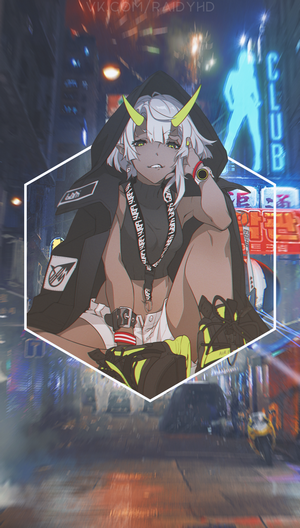 Anime girl with horns in a city at night