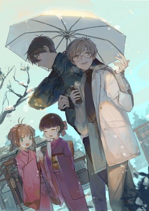 Card Captor Sakura characters under an umbrella in snow