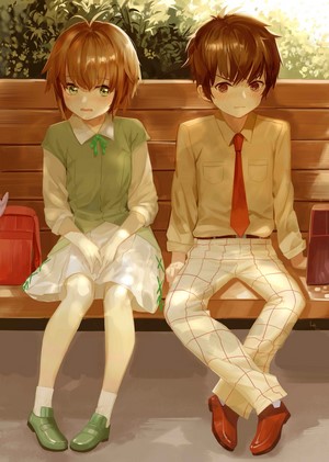 Sakura and Syaoran from Cardcaptor Sakura sitting on a bench