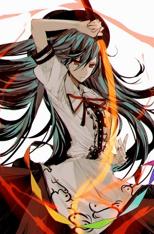 Anime girl with long teal hair and red eyes wielding a sword