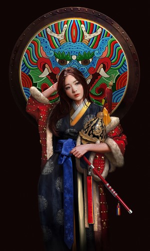 Woman in traditional Korean attire with dragon shield