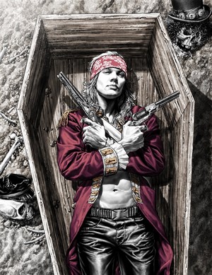 Axl Rose lying in a coffin with guns