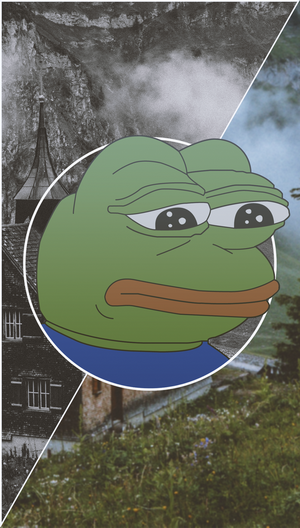 Pepe the Frog meme over mountain landscape