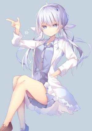 Anime girl in lab coat and miniskirt pointing
