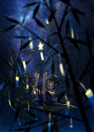 Anime girl in yukata under starry sky with bamboo