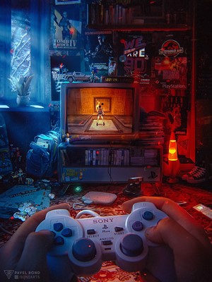 Gamer playing Tomb Raider IV on a retro TV with PlayStation controller