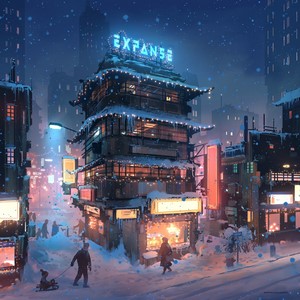 Expanse building in a snowy cyberpunk city at night