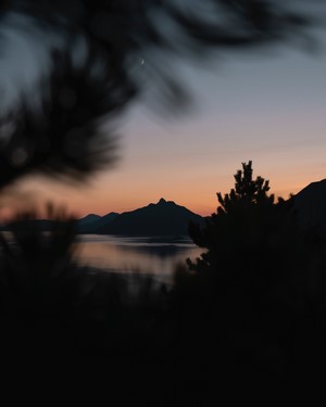 Mountains and lake at dusk near Vancouver, Canada