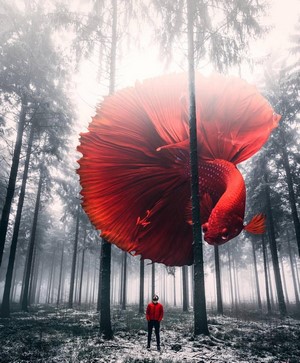 Giant red betta fish in a winter forest