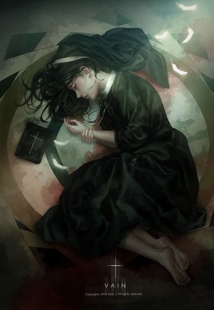 Nun lying on the floor with a Bible