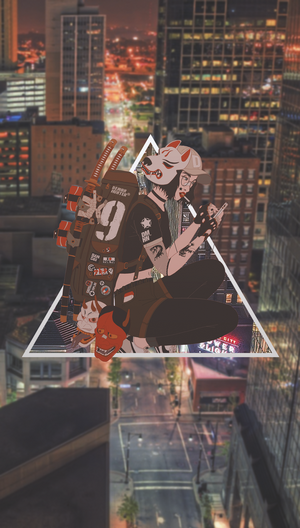 Anime girl with fox mask and swords in city