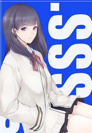 Anime girl with dark hair and blue eyes wearing headphones