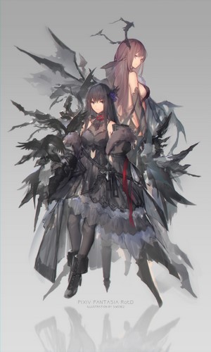 Two anime girls with dark and purple hair in dark fantasy outfits