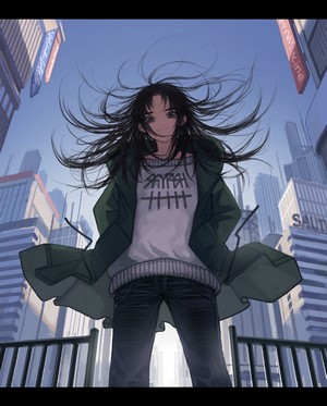 Anime girl with long dark hair in a city