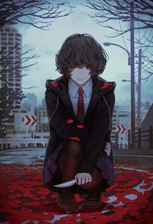 Anime girl with knife in urban setting