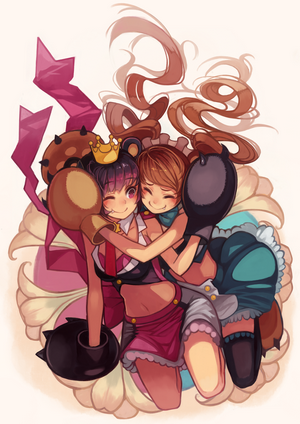 Two anime girls hugging, one with a crown