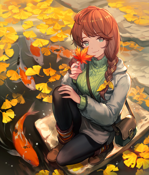 Anime girl with koi fish and autumn leaves