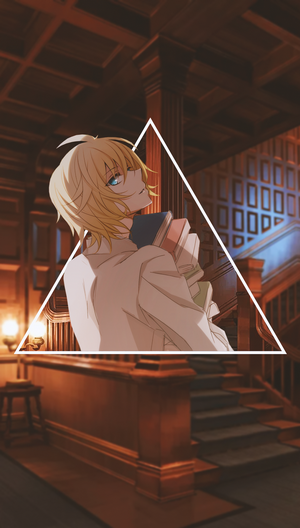 Anime boy with books in a library