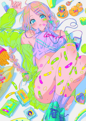 Anime girl with colorful bandages and headphones