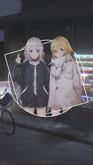Two anime girls standing in front of a convenience store