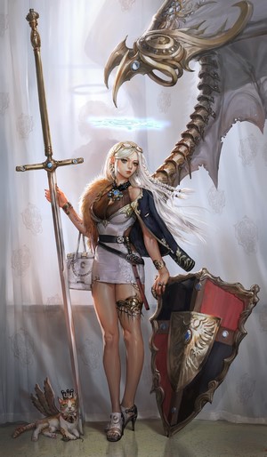 Fantasy warrior woman with sword and shield