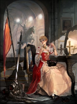 Woman in red dress with cat and armor