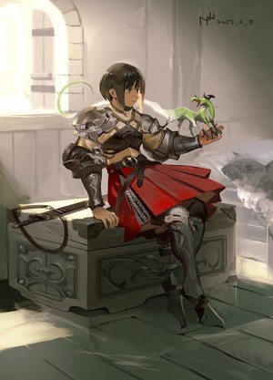 Fantasy girl with a dragon in armor