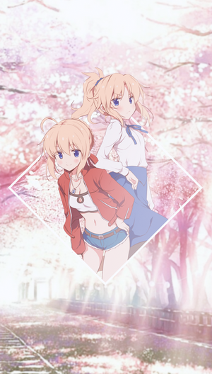 Two anime girls in front of cherry blossoms