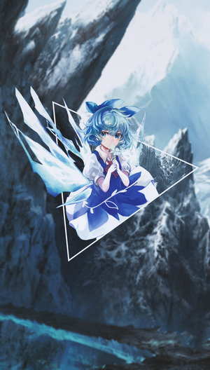 Anime girl with blue hair and ice wings in mountains