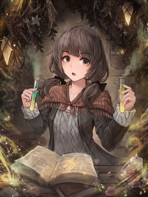 Anime Girl Studying Science with Books and Test Tubes