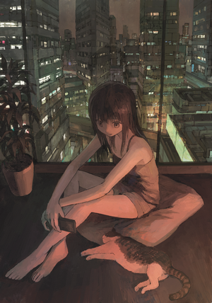 Anime girl with cat in a city apartment at night