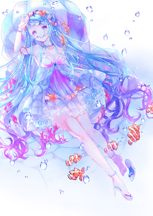 Anime girl with blue hair and fish in underwater