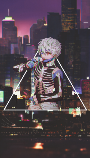 Anime boy with skeleton costume in city