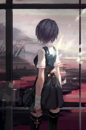 Rei Ayanami from Neon Genesis Evangelion looking out a window